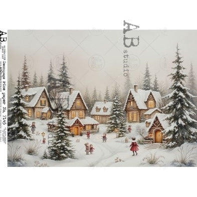 Winter scene with houses and trees on a snowy landscape, featuring 'AB Studio' branding.