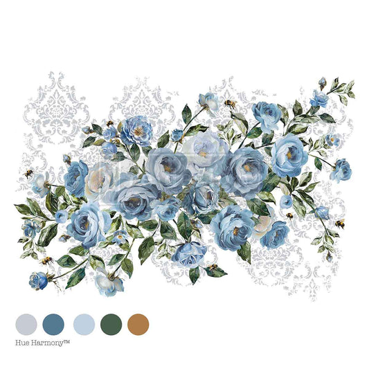 Decorative tablecloth with blue floral design on a white background