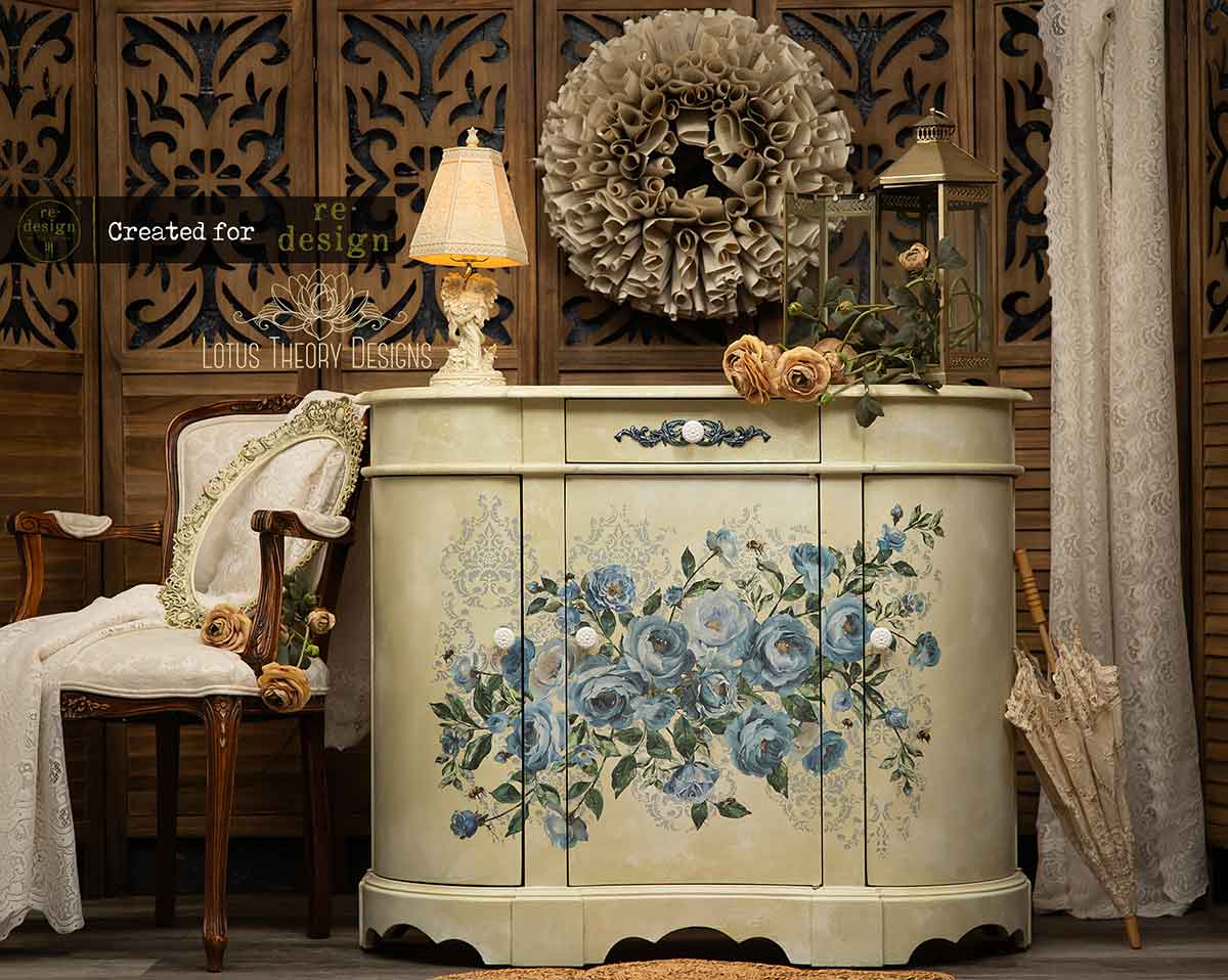 Decorative cabinet with floral design in a room setting