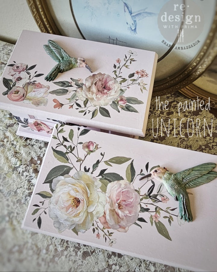 pink floral transfer on a box with the humming bird mould casting