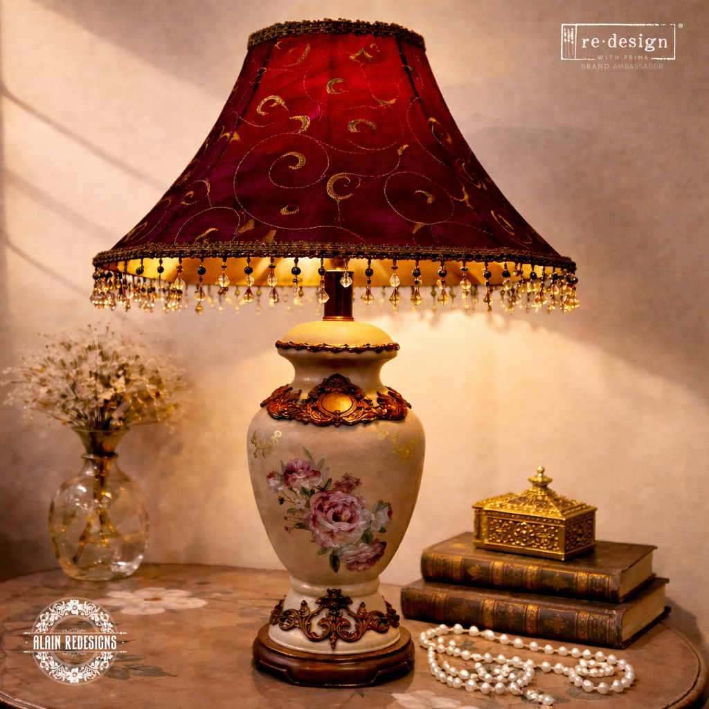 pink floral transfer on the base of a lamp