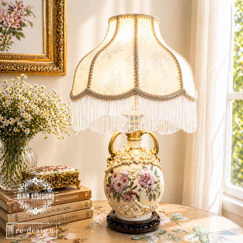 pink floral transfer on the base of a lamp