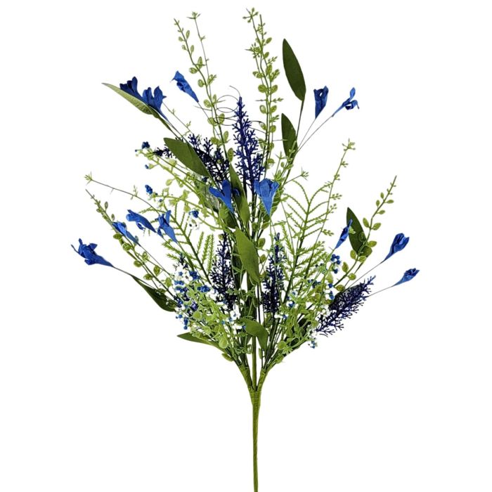 Artificial flower arrangement with blue and green flowers on a white background