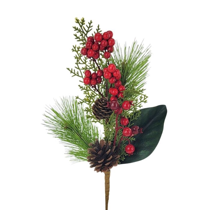 Christmas floral pick with red berries, pinecones, and various leaves.