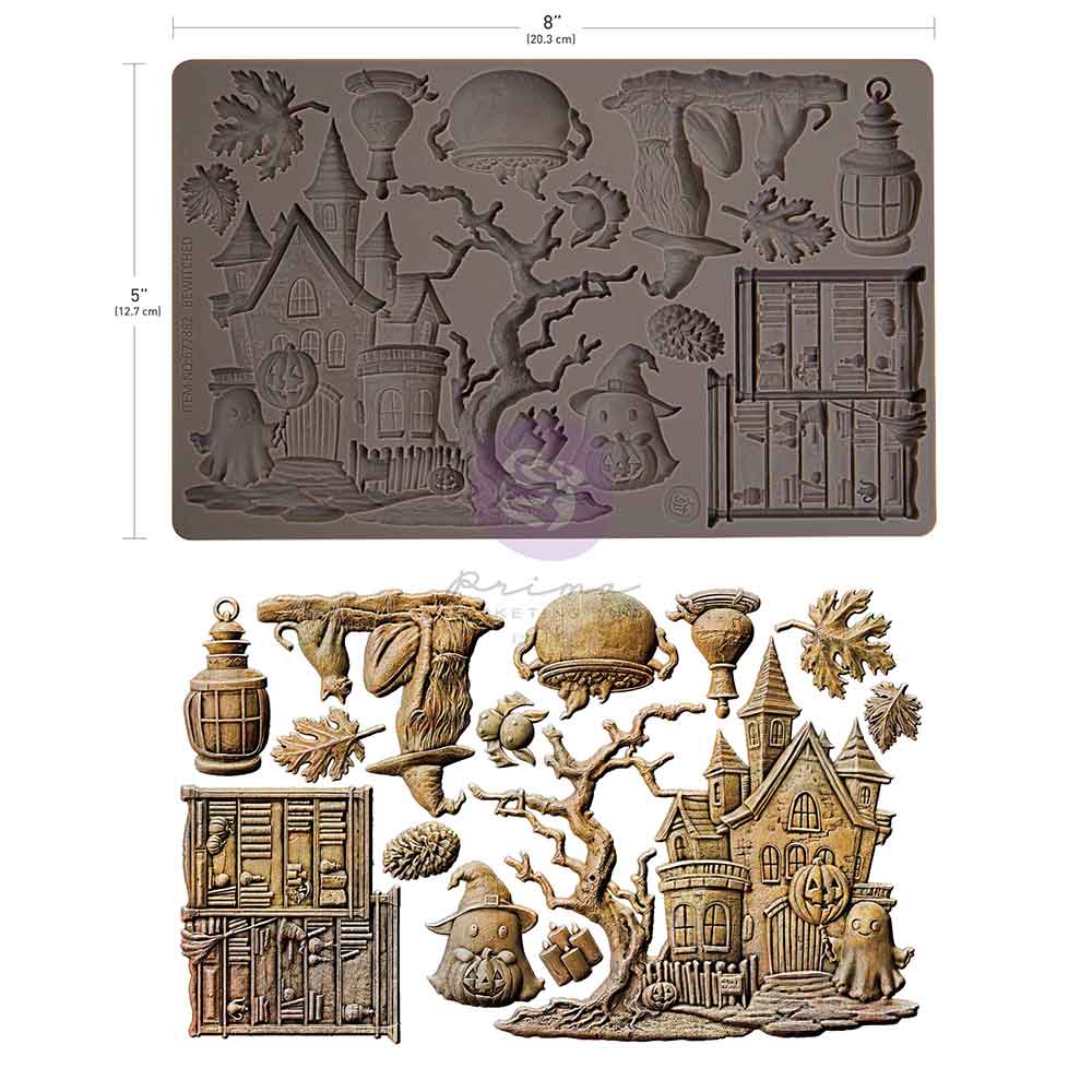 Halloween-themed silicone mold with intricate designs. A haunted house, ghosts, cat, leaves