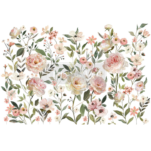 Soft, romantic, and effortlessly graceful, Blush Harmony is a dreamy floral transfer designed to bring lightness and elegance to any surface. Featuring delicate blooms in gentle shades of blush pink, ivory, and soft greenery, this design captures the beauty of freshly gathered garden florals in full, airy composition.