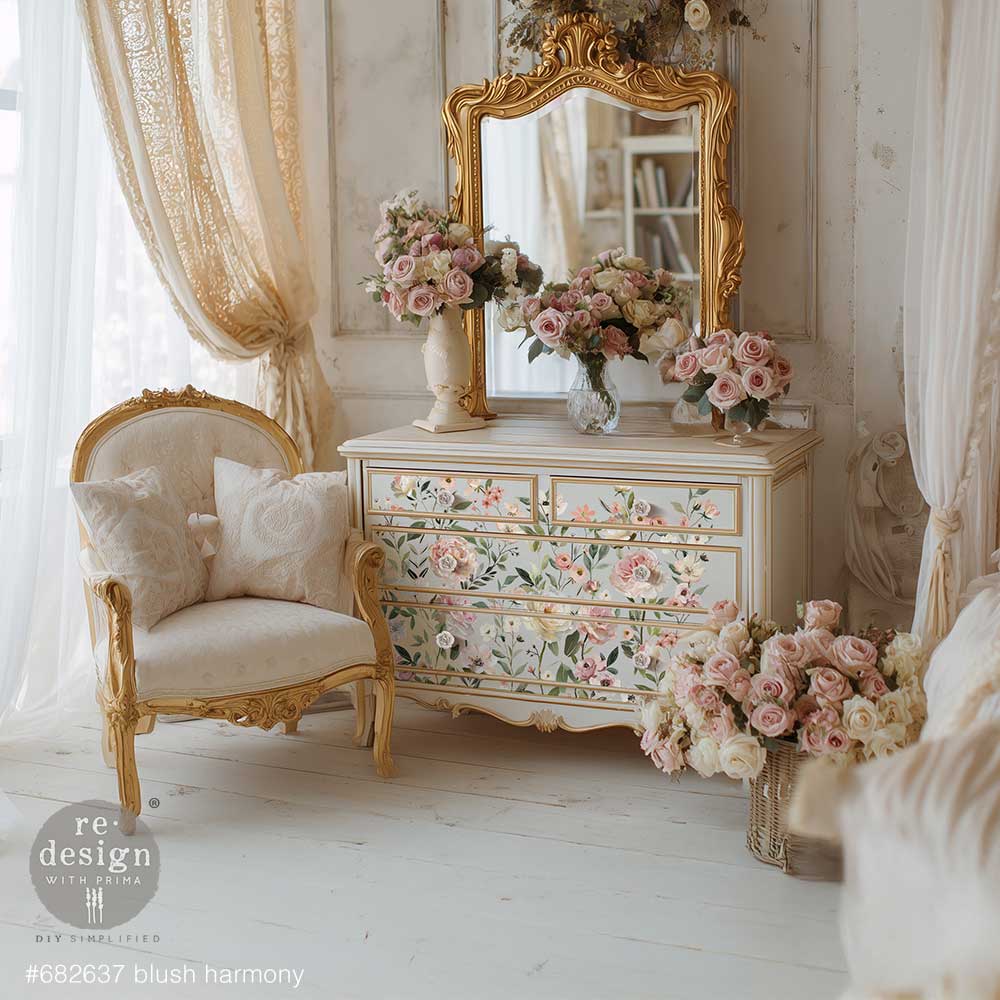 Soft, romantic, and effortlessly graceful, Blush Harmony is a dreamy floral transfer designed to bring lightness and elegance to any surface. Featuring delicate blooms in gentle shades of blush pink, ivory, and soft greenery, this design captures the beauty of freshly gathered garden florals in full, airy composition. on the drawer fronts of a white dresser