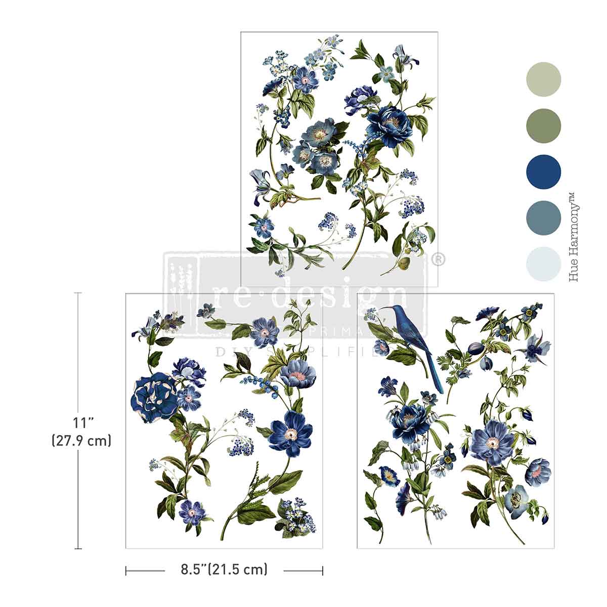 Floral wall decal set with blue flowers and green leaves, including measurements and color swatches.