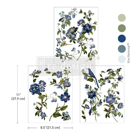 Floral wall decal set with blue flowers and green leaves, including measurements and color swatches.