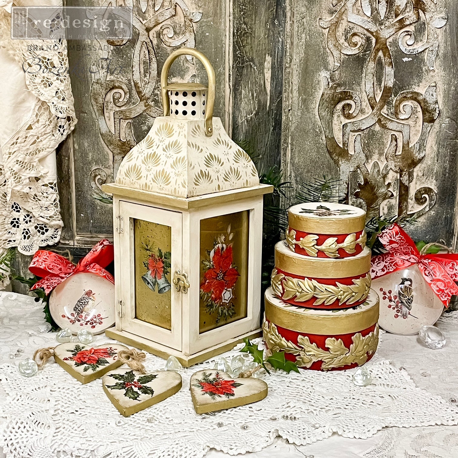 Decorative lantern, cake, and cookies on a lace tablecloth with a rustic background.