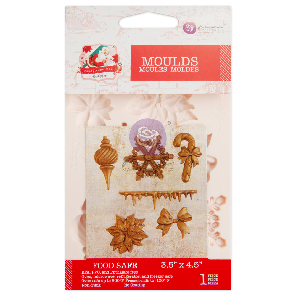 3.5″ x 4.5″ x 8mm –
Create unique embellishments, like vintage ornaments, icicles, a candy cane, and more, with this silicone mould from the Candy Cane Lane Collection by Frank Garcia. Use resin, clay, hot glue, melting chocolate (yes, the mould is food-safe!), fondant, and other mediums to cast your own embellishments or edible candies. 3.5″ x 4.5″ x 8mm.