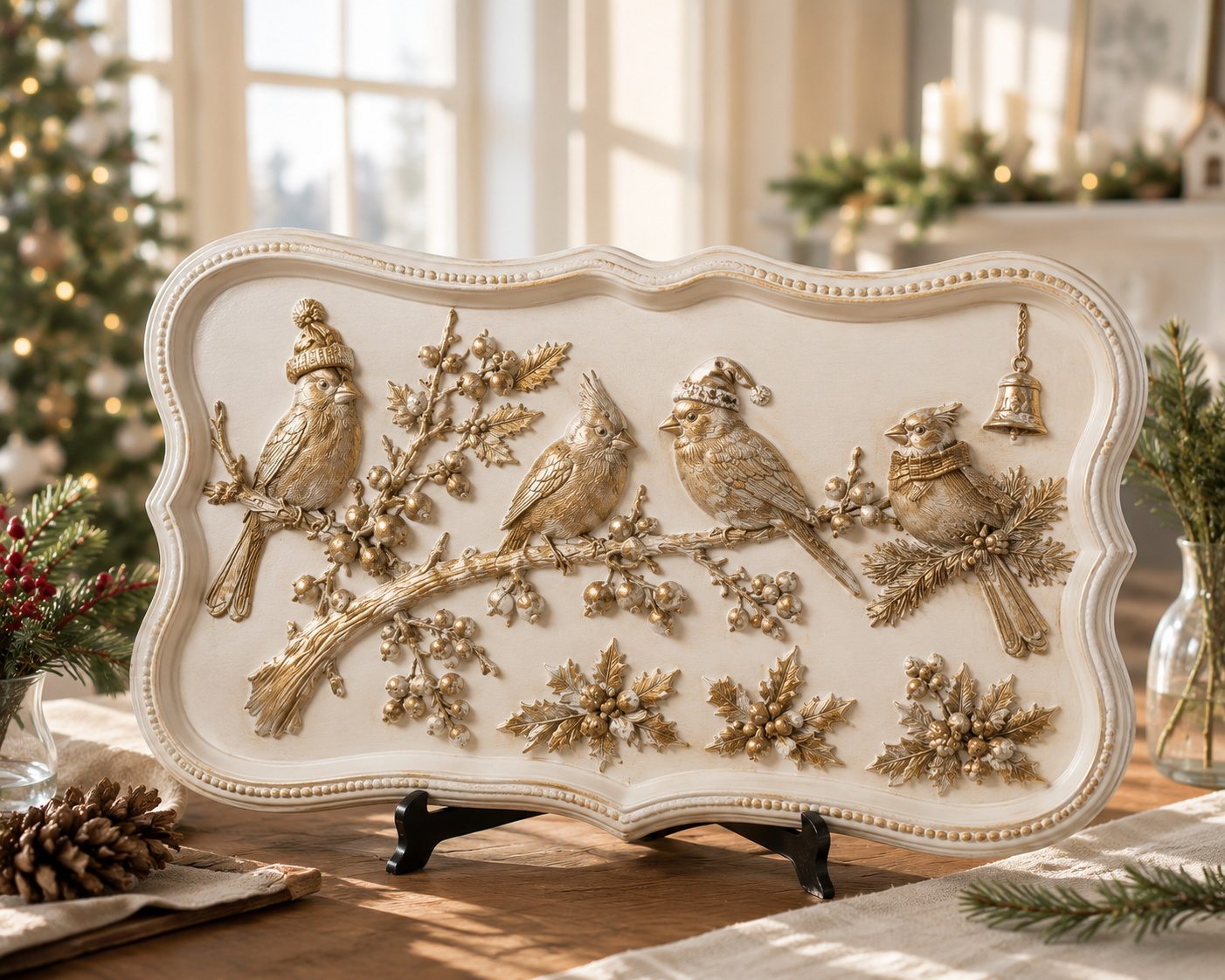 Decorative tray with embossed birds and branches on a table with Christmas decorations.