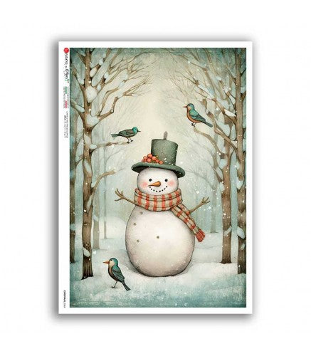 Framed artwork of a snowman with a top hat and scarf in a snowy forest with birds.