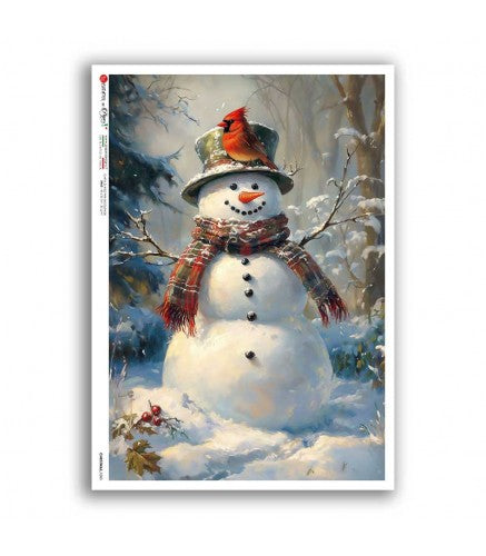 Painting of a snowman with a cardinal hat and scarf in a snowy landscape