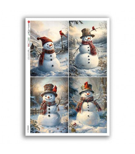 Four-panel illustration of a snowman in a snowy landscape with trees and a fence.