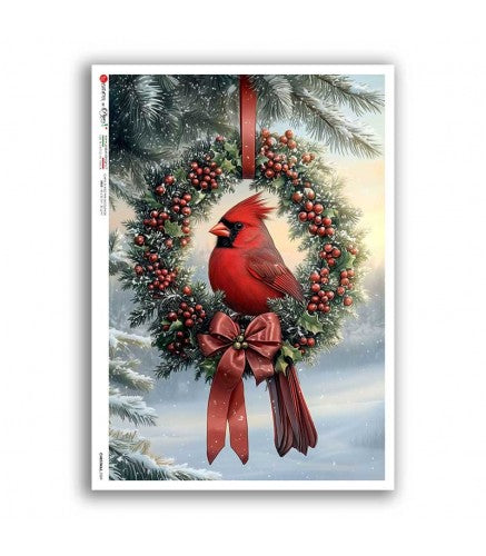 Christmas card with a red cardinal bird on a wreath against a snowy background