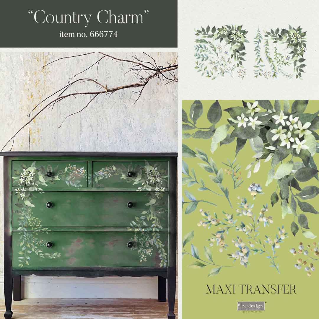 Green dresser with floral design and matching wall transfer on a white background