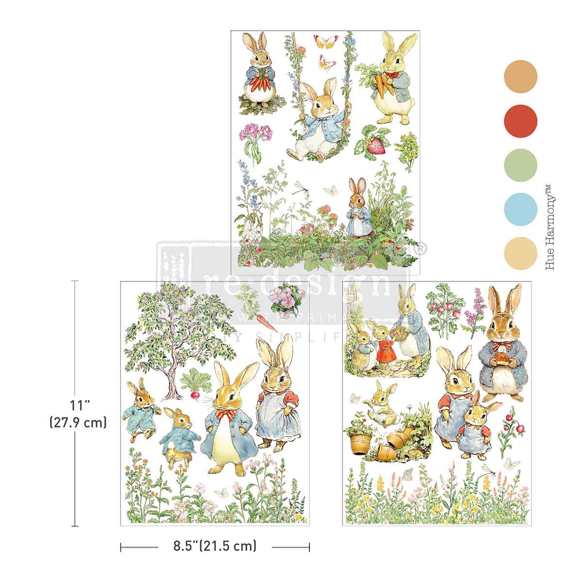 Set of rabbit-themed stickers with a floral background, including size dimensions and color swatches.