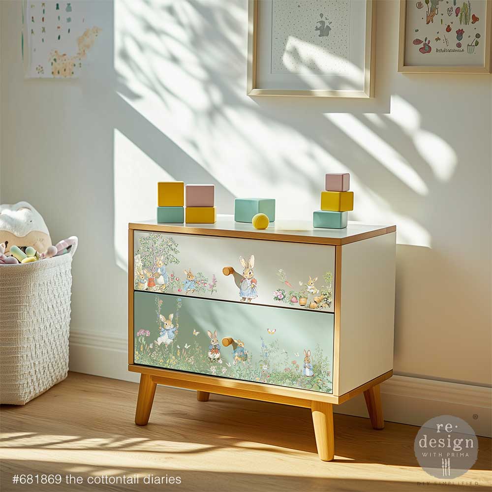 Children's dresser with illustrated drawers in a bright room
