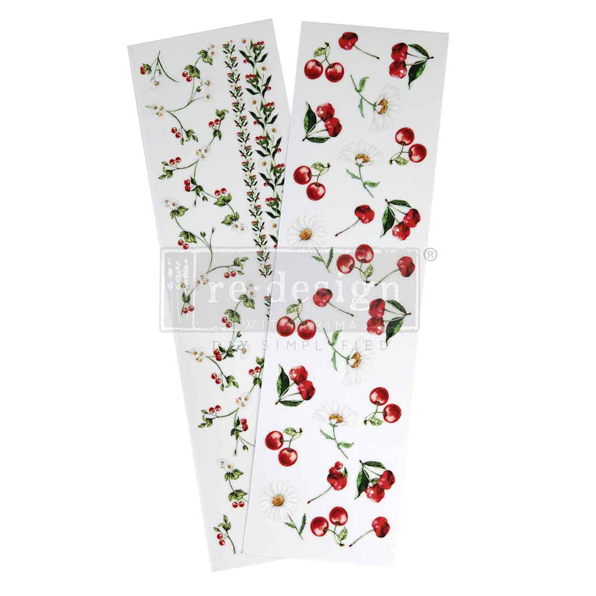 Two sheets of cherry-themed temporary tattoos on a white background