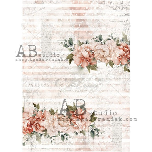 AB Studios-Coral Roses and Stripes  A4 Rice Paper-8.3"x11.7"