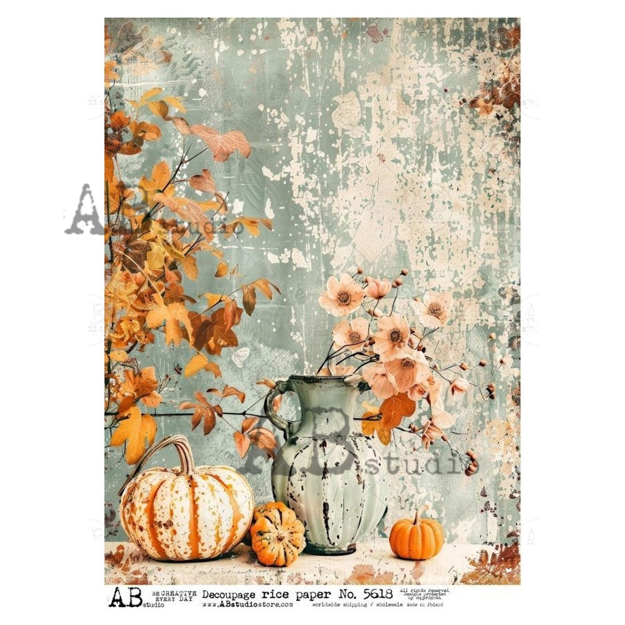 AB Studios Pastel Pumpkins Distressed  A4 Rice Paper-8.3"x11.7"