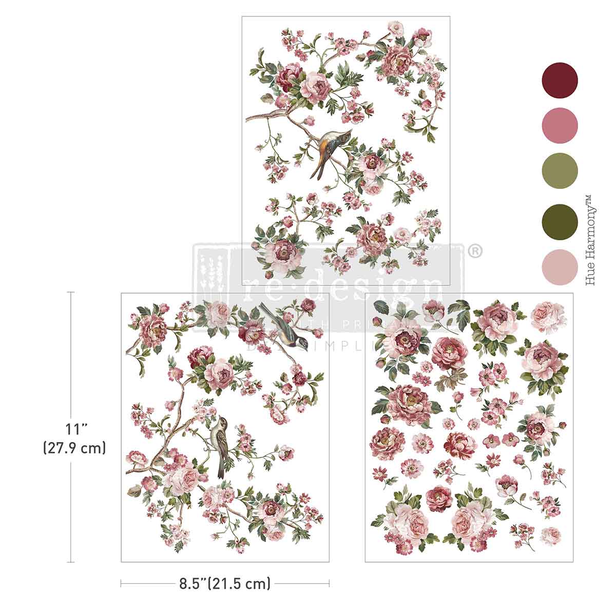 Floral and bird wall decal set with color swatches and dimensions on a white background