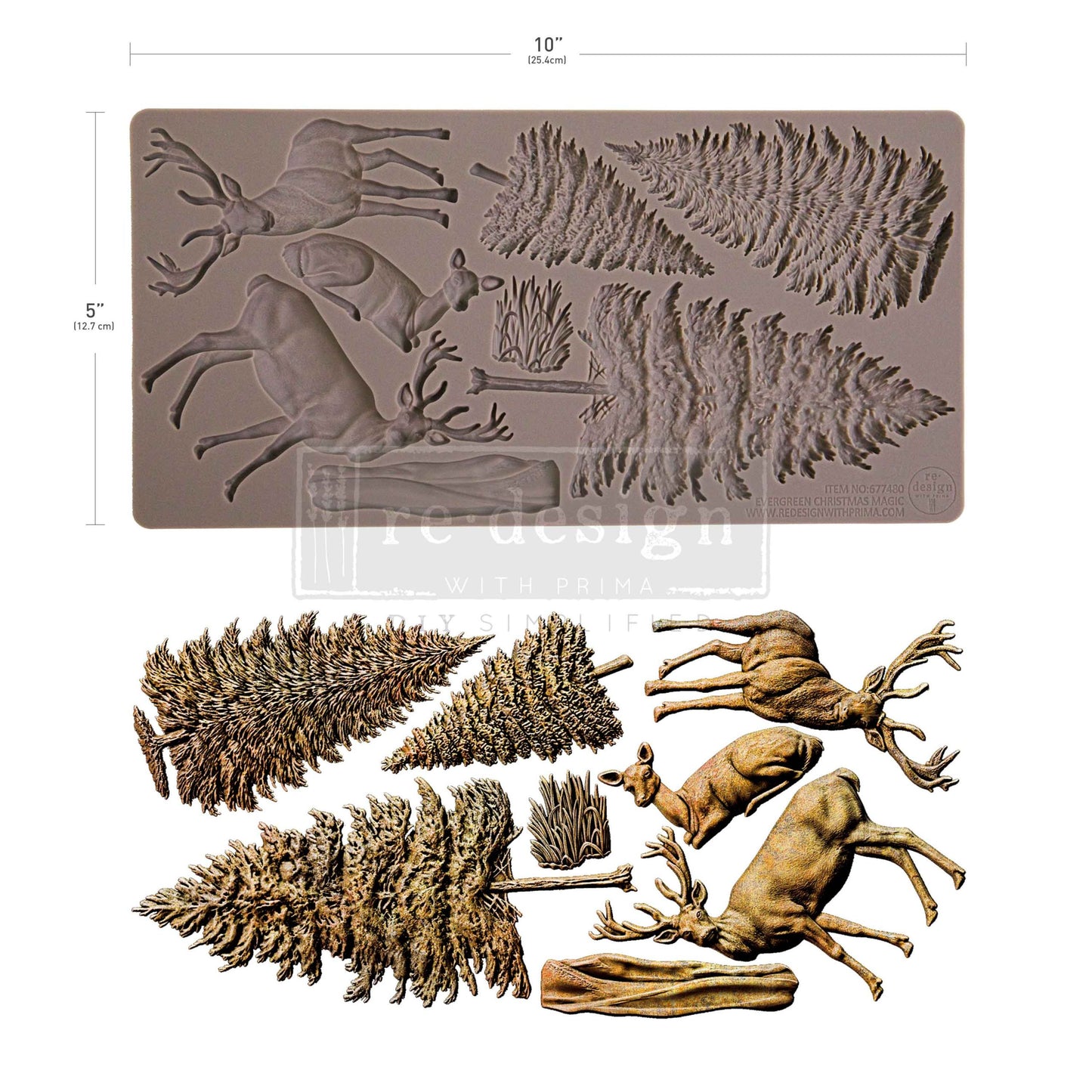 From tall pine trees to graceful deer, the Evergreen Christmas Magic Décor Mould® is filled with winter forest charm. Use these classic holiday elements to build woodland scenes, embellish frames and trays, or add natural elegance to your Christmas crafts. The textures and shapes make this mould a go-to for rustic, traditional, and enchanted winter projects alike.

Crafted from high-quality silicone, it’s food-safe and perfect for use with modeling materials, resin, wax, or even chocolate.
Only by Redesign 