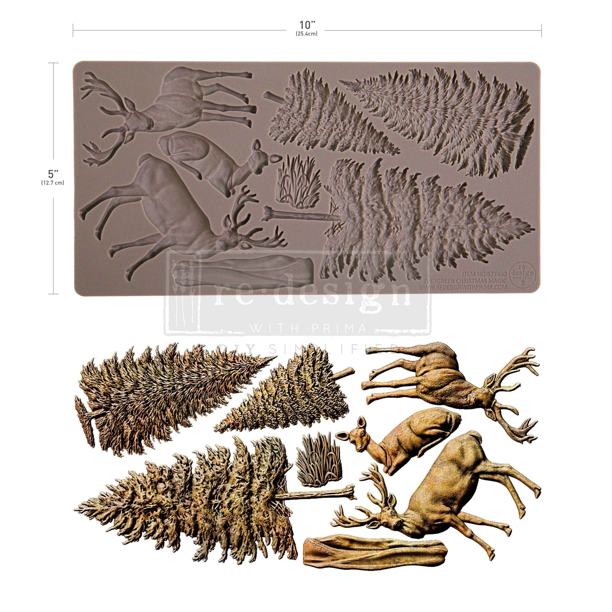 From tall pine trees to graceful deer, the Evergreen Christmas Magic Décor Mould® is filled with winter forest charm. Use these classic holiday elements to build woodland scenes, embellish frames and trays, or add natural elegance to your Christmas crafts. The textures and shapes make this mould a go-to for rustic, traditional, and enchanted winter projects alike.

Crafted from high-quality silicone, it’s food-safe and perfect for use with modeling materials, resin, wax, or even chocolate.
Only by Redesign 