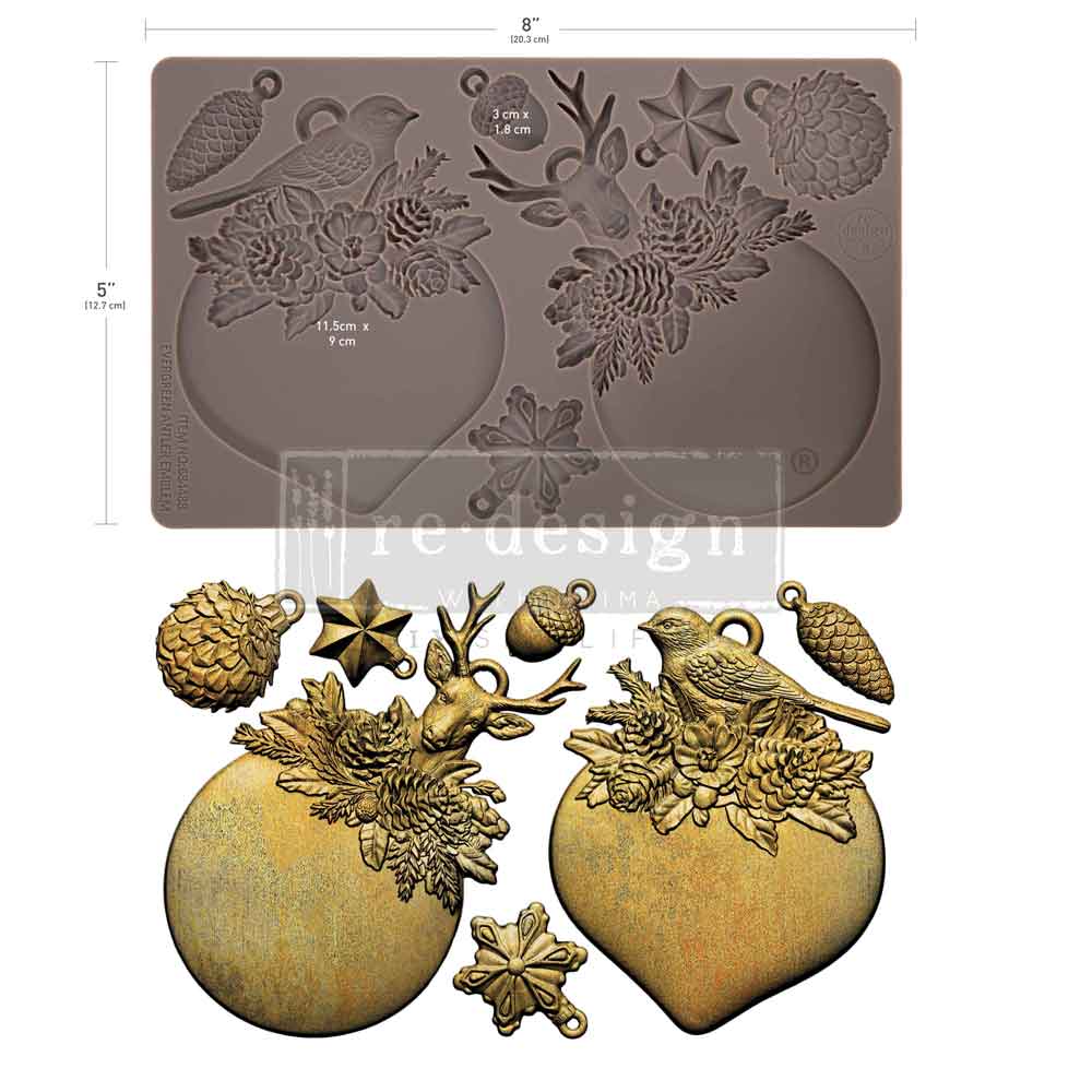 Silicone mold with Christmas-themed designs and corresponding molded items on a white background.