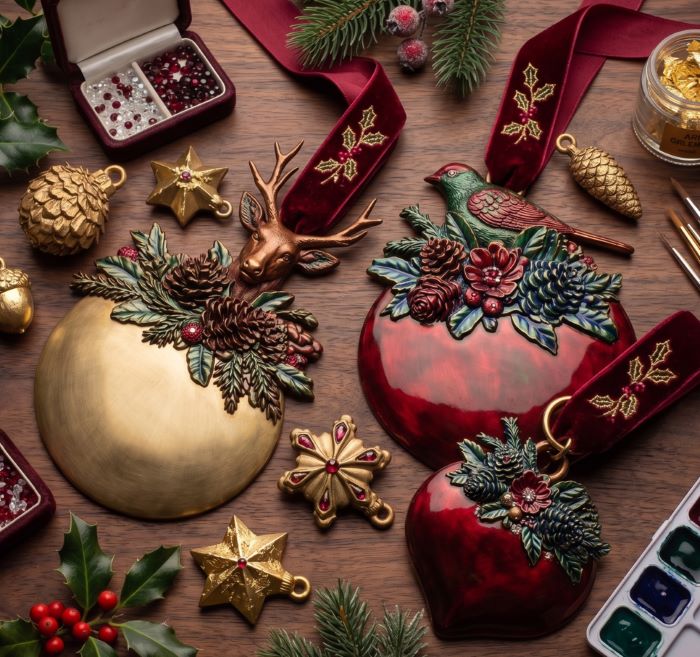 Collection of Christmas ornaments on a wooden surface with holly leaves and berries.