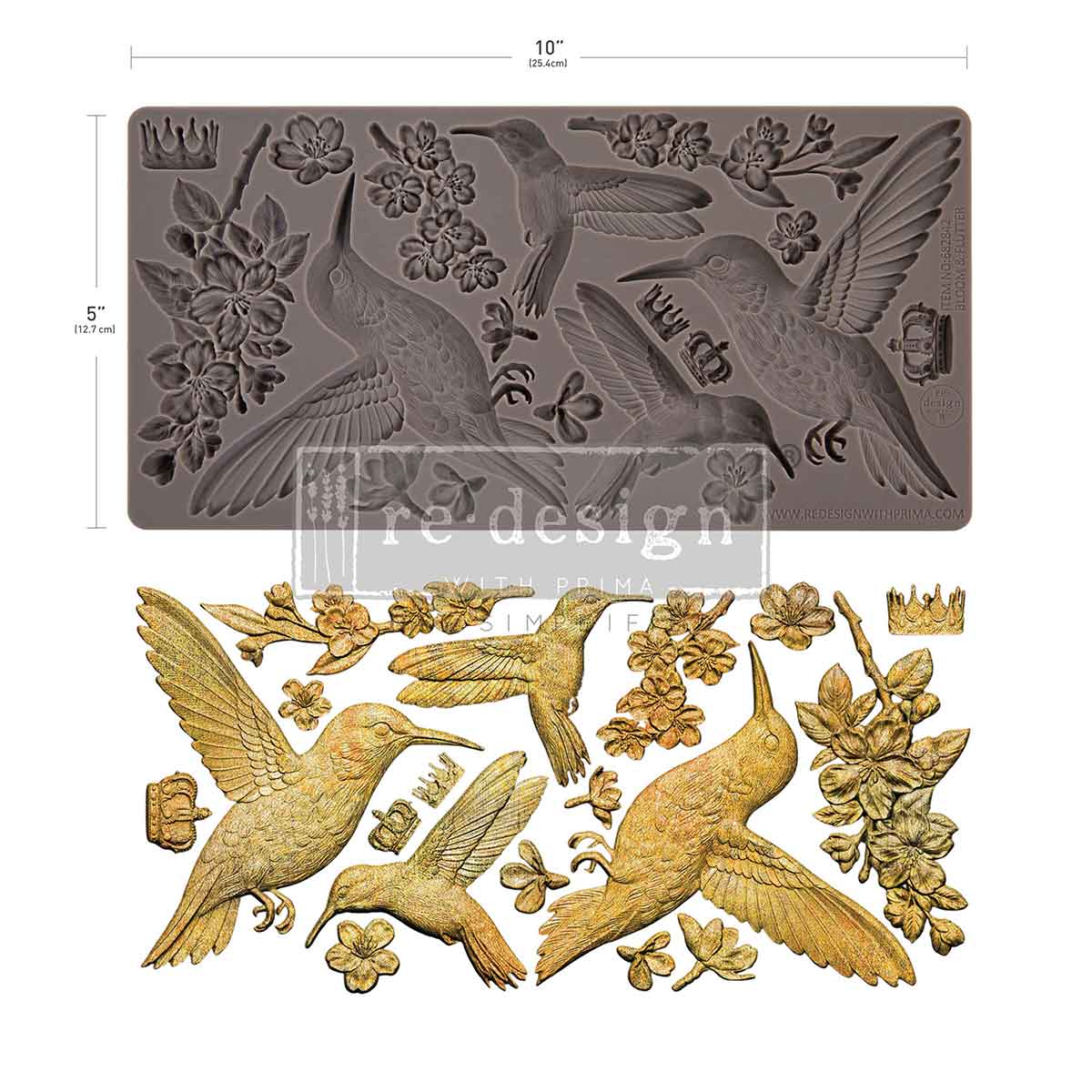 grey silicone mould of humming birds and cherry blossoms with the castings next to the mould