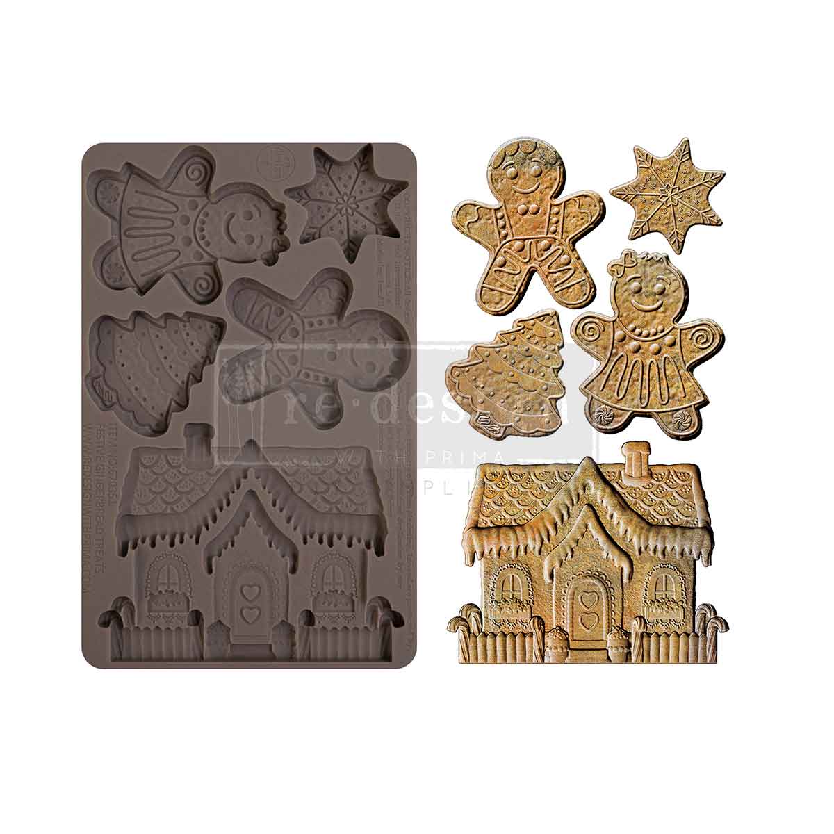 Chocolate mold with gingerbread-themed shapes and baked cookies on a white background
