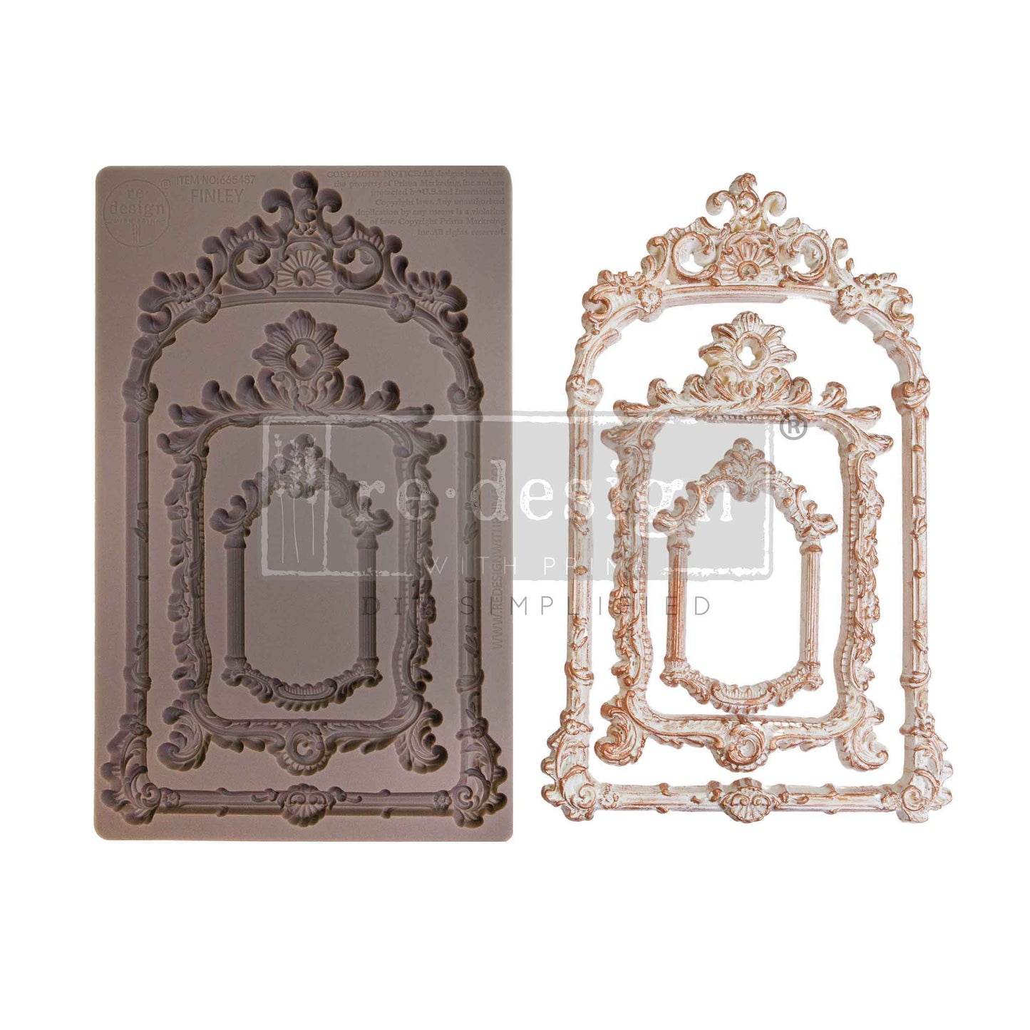 Decorative frame mold and finished product on a white background