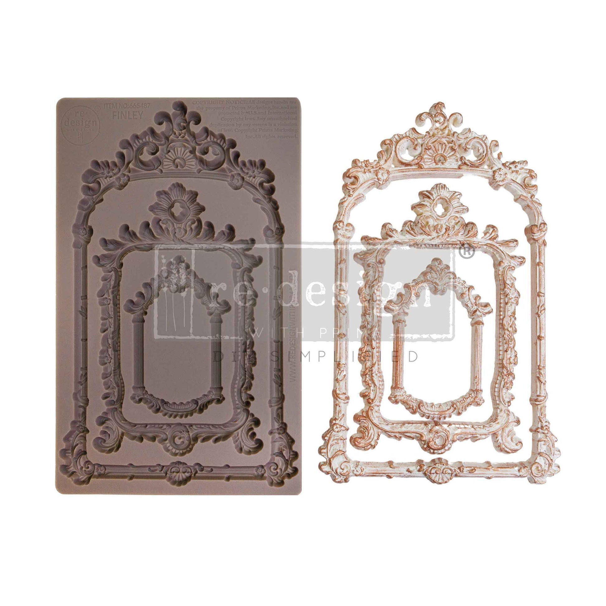 Decorative frame mold and finished product on a white background