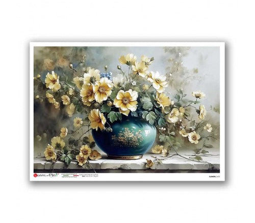 Decorative poster with a blue vase and yellow flowers on a white background