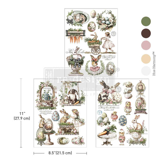 Sheet of decorative Easter-themed stickers with rabbits, eggs, and other elements on a white background.