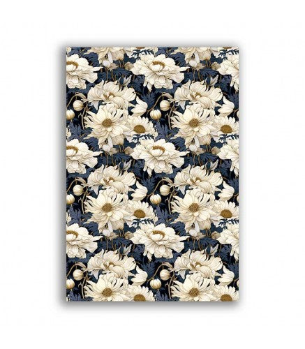 Floral patterned paper with white flowers on a dark blue background