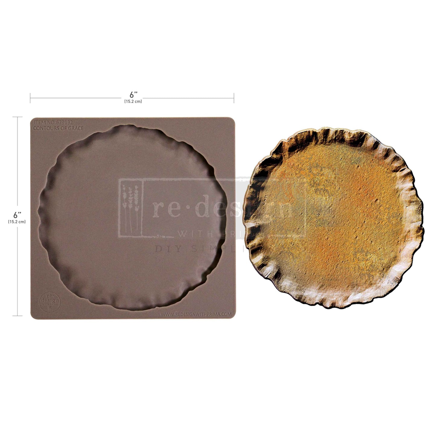Silicone mold for creating round baked goods with scalloped edge and a sample of the baked product.
