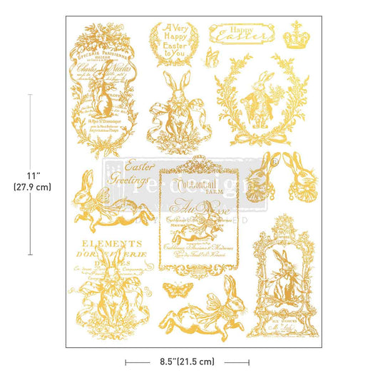 Sheet of gold Easter-themed decorative elements with measurements on a white background