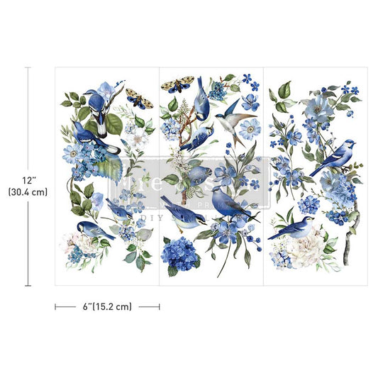Decorative paper with blue birds and flowers, shown with dimensions on a white background.