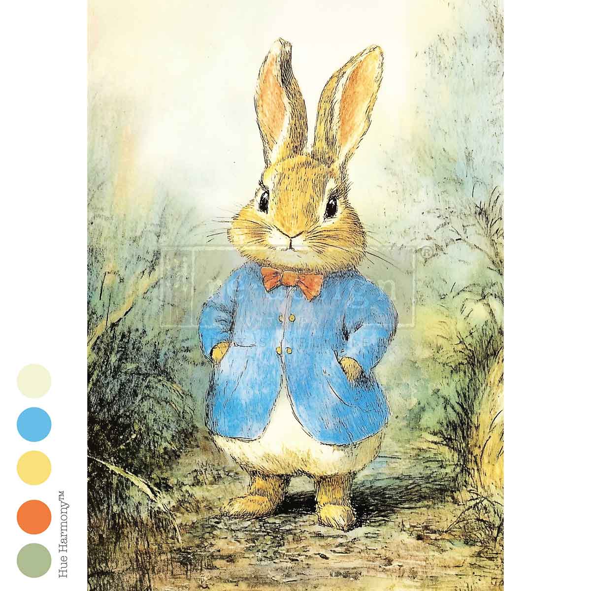 Illustration of a rabbit character in a blue coat and bow tie standing outdoors.