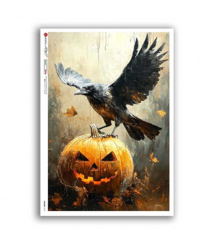 Painting of a crow perched on a jack-o'-lantern with a Halloween theme.