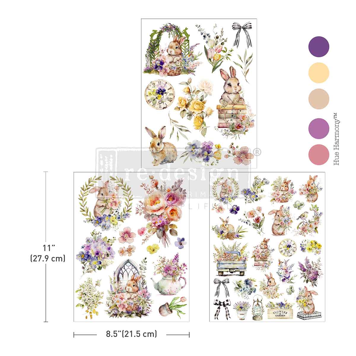 Sheet of decorative stickers with Easter-themed designs including bunnies, flowers, and wreaths on a white background.