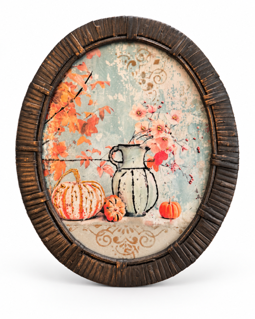 Oval rustic framed wall art featuring a vintage still life scene with pumpkins, a ceramic vase, and pink flowers on a distressed light blue and beige background, surrounded by a dark brown wood-grain frame.
