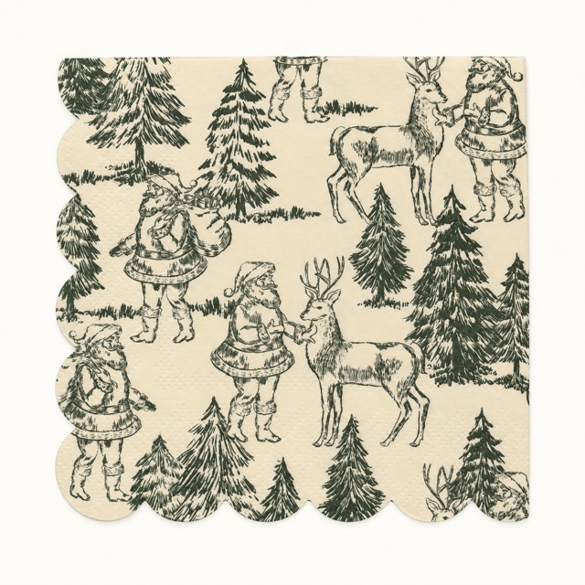 A square paper napkin with scalloped edges, featuring a vintage-style Hunter Green ink illustration of Santa Claus, reindeer, and pine trees on a warm cream background.