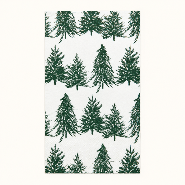 A rectangular white kitchen towel or tea towel featuring a repeating pattern of dark green pine tree silhouettes, shown flat against a light off-white background.