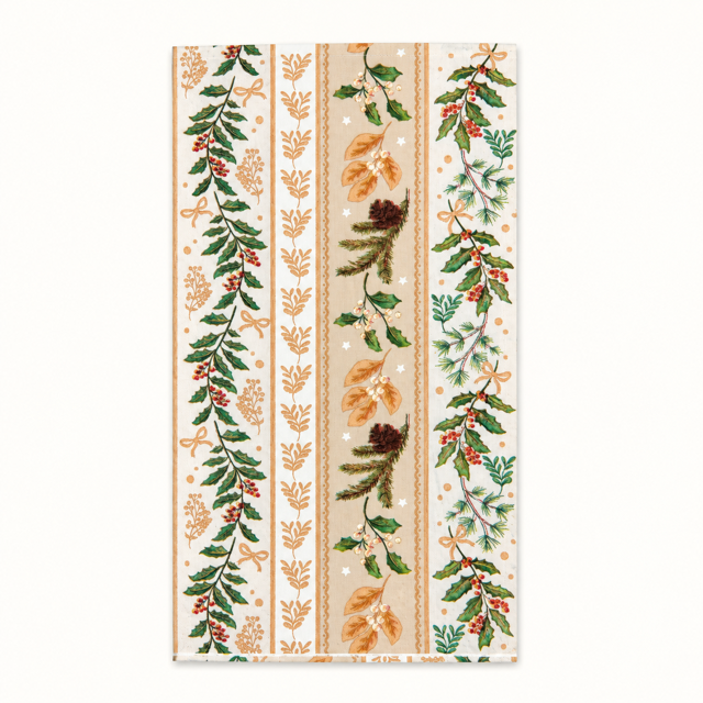 A rectangular textile or fabric panel with a vertical holiday botanical pattern on an off-white background, featuring green holly leaves and red berries, tan pinecones, and warm beige floral motifs.