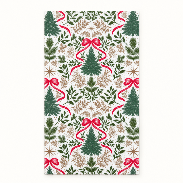 A rectangular sheet of wrapping paper featuring a festive Christmas pattern with green pine trees, red ribbons, and gold star motifs on a white background.