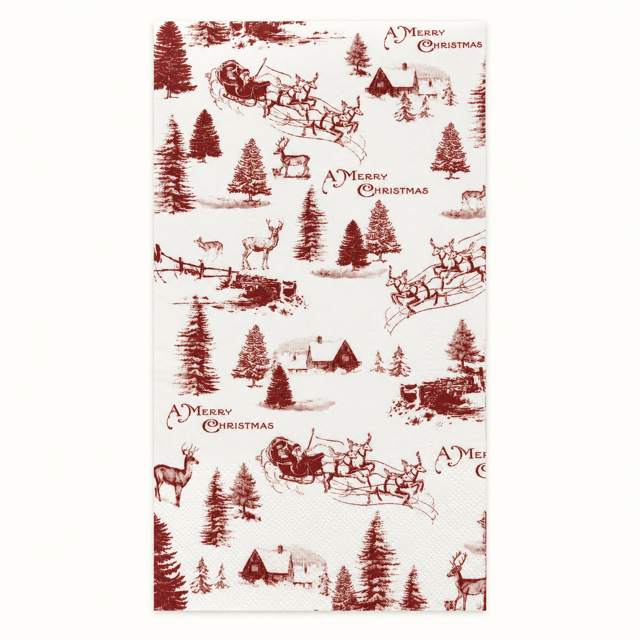 A rectangular napkin featuring a classic red toile de Jouy Christmas pattern with Santa Claus, reindeer, pine trees, cabins, and 'Merry Christmas' text.